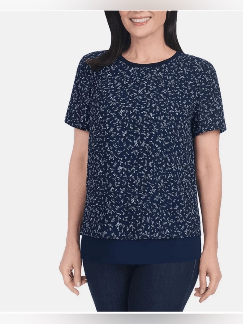 Hilary Radley Navy and White Short-Sleeve Floral Top